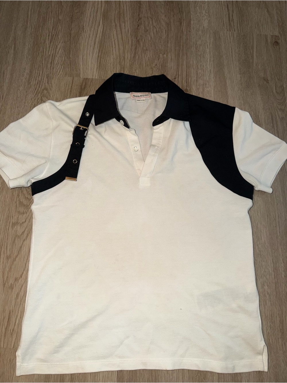 Alexander McQueen White Polo with Black Contrast Collar & Buckle Strap